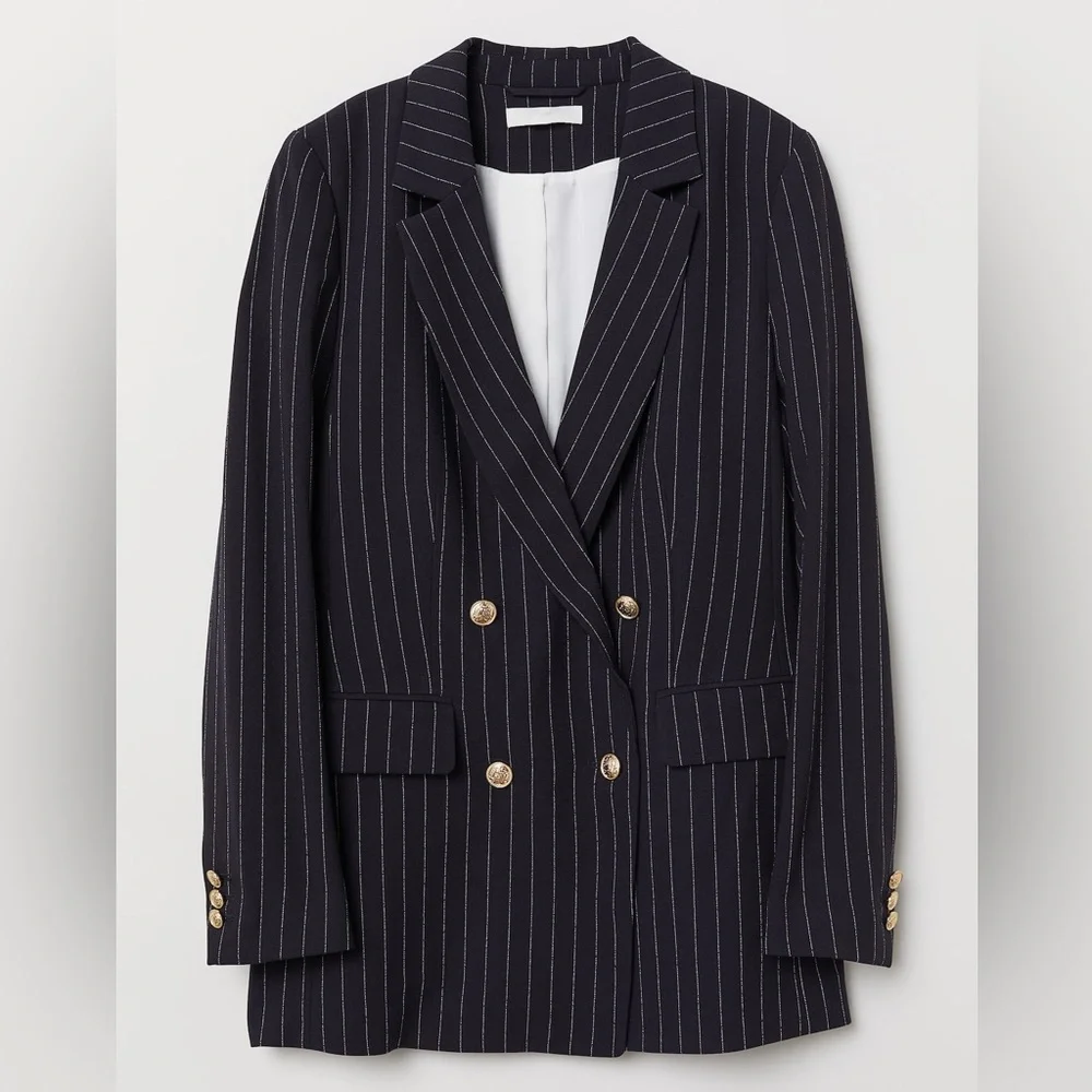 H&M Double-Breasted Pinstripe Blazer Navy Blue Gold Button Jacket Size 0 - Picture 10 of 11